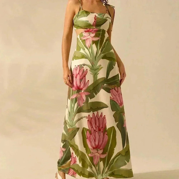 Multicolor Boho Women's Banana Tree Print Sleeveless Spaghetti Strap Dress - Picture 1 of 7